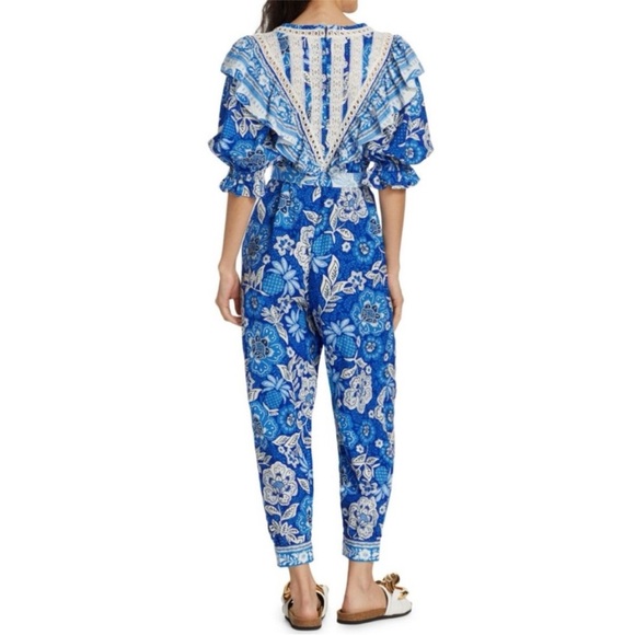 FARM Rio Full of Flowers Floral Jumpsuit Blue‎ White Crochet Trim V Neck Boho - Picture 3 of 15